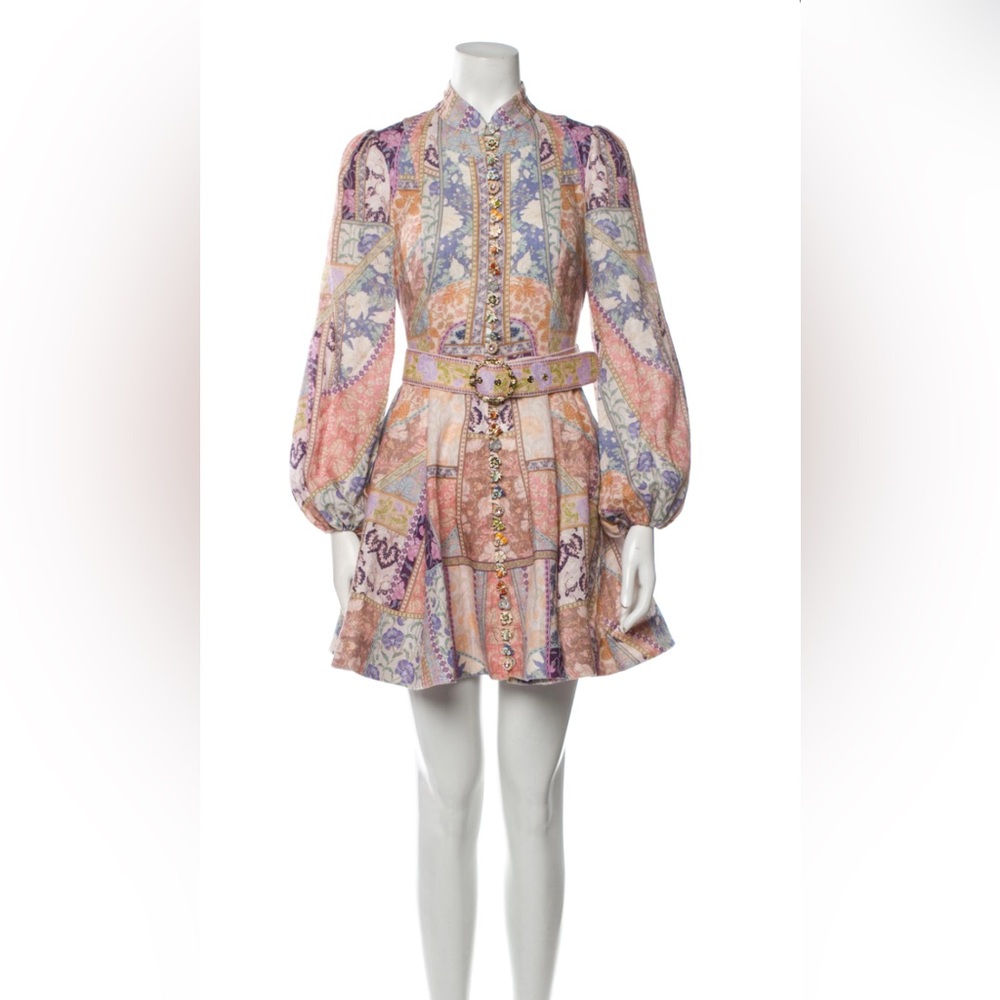 Floral Patchwork Dress Mini Dress with Belt - Pastel Pink Blue size M